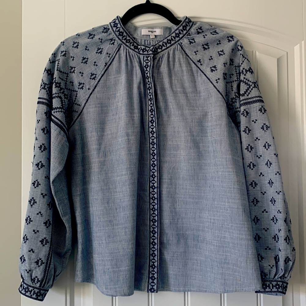 SUNCOO Navy and White Embroidered Blouse